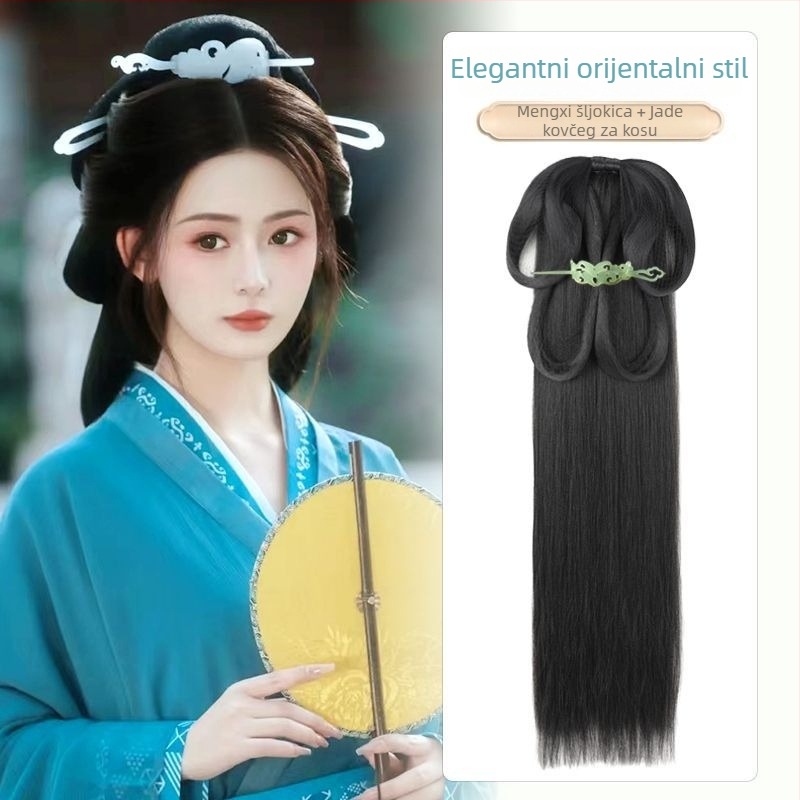 Hanfu wig s integriranim stražnjim čvorom i kompletnim setom dodataka u Wei Jin stilu, izrađena od visokotemperatne žice; frizura: duga ravna kosa s bangs; duljina: kratka; marka: Changtai.