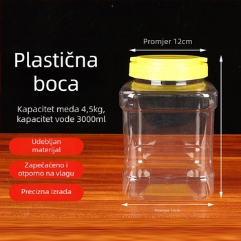 Kvadratna boca za med, PET plast, s poklopcem; općenito pakiranje, Marka Like Yang Plastic Industry, Podrijetlo: Xuchang, Henan, Kina.