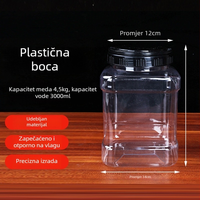 Kvadratna boca za med, PET plast, s poklopcem; općenito pakiranje, Marka Like Yang Plastic Industry, Podrijetlo: Xuchang, Henan, Kina.