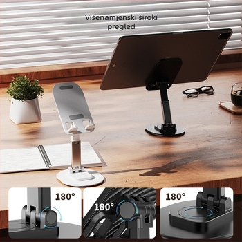 Držač za stolne uređaje za telefone i tablete, dvostruko sklopiv, prijenosni okretni dizajn, univerzalna kompatibilnost, materijal: karbonska čelika + ABS + silika gel