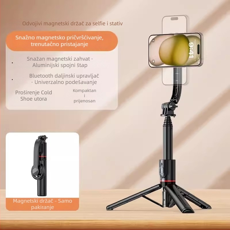Telescopični selfie štap za telefon s magnetskim držačem, kružno LED osvjetljenje, Bluetooth daljinski upravljač, ABS+ aluminijska legura