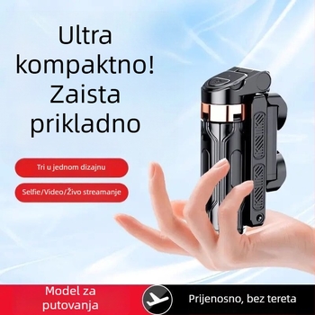 Mini selfie štap s integriranim držačem za telefon i rasvjetom, teleskopski prenosivi ručni stativ za fotografiju i prijenos uživo, Bluetooth daljinski upravljač, materijal: aluminijska legura + ABS