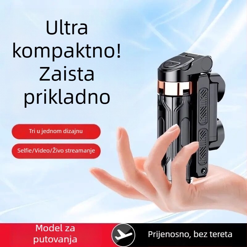 Mini selfie štap s integriranim držačem za telefon i rasvjetom, teleskopski prenosivi ručni stativ za fotografiju i prijenos uživo, Bluetooth daljinski upravljač, materijal: aluminijska legura + ABS