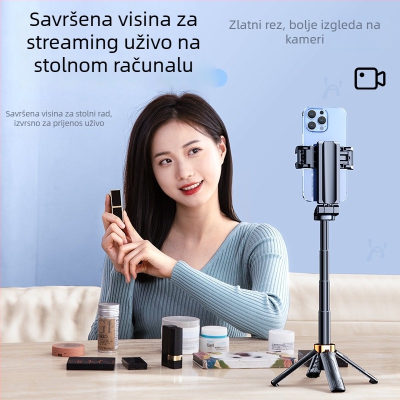Mini selfie štap s integriranim držačem za telefon i rasvjetom, teleskopski prenosivi ručni stativ za fotografiju i prijenos uživo, Bluetooth daljinski upravljač, materijal: aluminijska legura + ABS