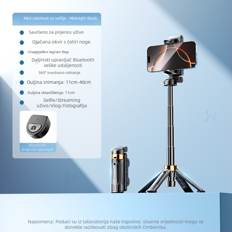Mini selfie štap s integriranim držačem za telefon i rasvjetom, teleskopski prenosivi ručni stativ za fotografiju i prijenos uživo, Bluetooth daljinski upravljač, materijal: aluminijska legura + ABS