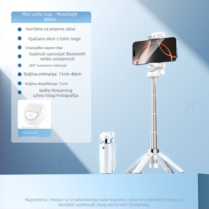 Mini selfie štap s integriranim držačem za telefon i rasvjetom, teleskopski prenosivi ručni stativ za fotografiju i prijenos uživo, Bluetooth daljinski upravljač, materijal: aluminijska legura + ABS