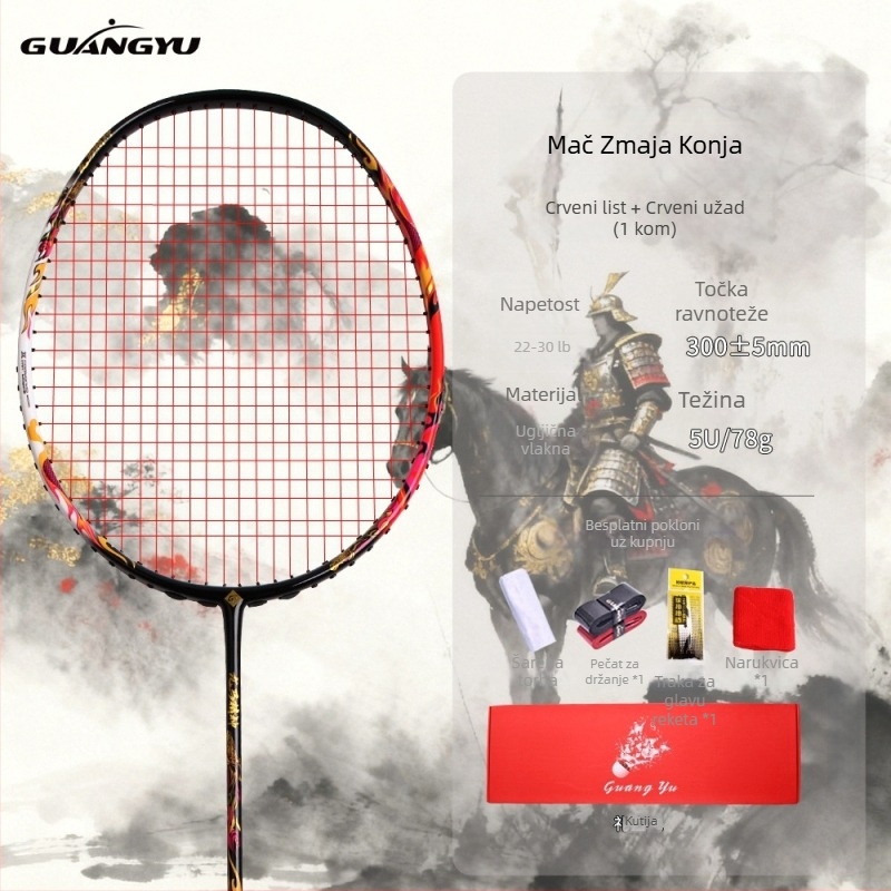 Raketa za badminton od karbonskih vlakana, direktan udarac, težina 75–79 g, debljina drške G-5, srednja tvrdoća