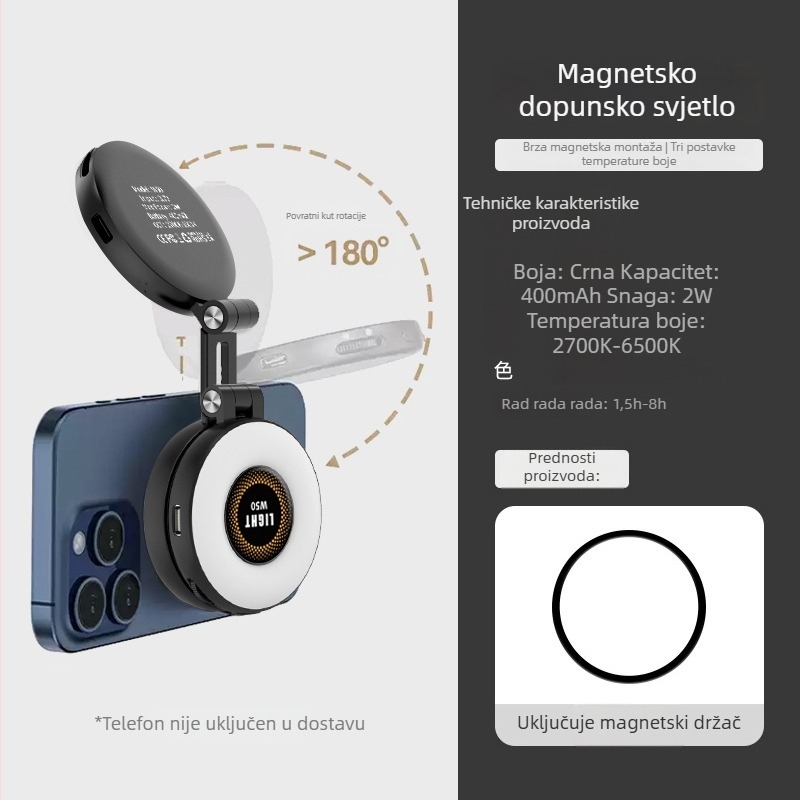 Vanjska LED magnetska mini svjetiljka za ljepotu, prijenosna, s tri postavke temperature za fotografiju