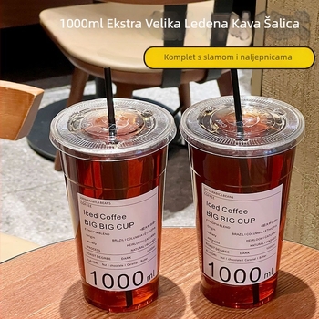 Jednokratna PET čaša za kavu, 1 L, prozirna, mogućnost tiska logotipa, prilagodljiva, pogodna za kafiće i hladna pića