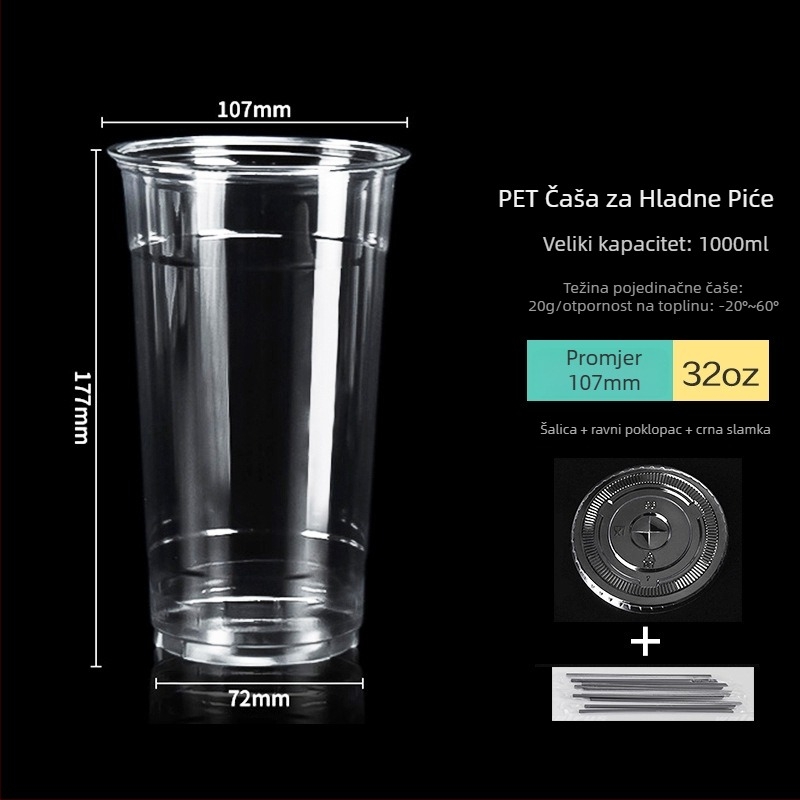 Jednokratna PET čaša za kavu, 1 L, prozirna, mogućnost tiska logotipa, prilagodljiva, pogodna za kafiće i hladna pića
