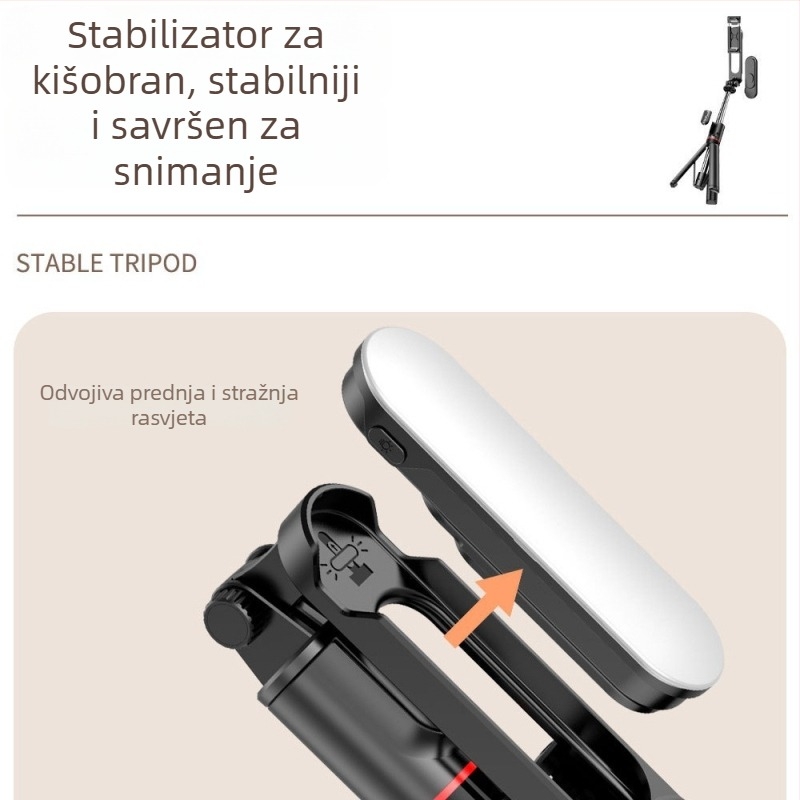 Selfie štap uz osvjetljenje, sklopivi stativ, Bluetooth daljinski upravljač, trobojna temperatura boje, model L15, konstrukcija od nehrđajućeg čelika + ABS