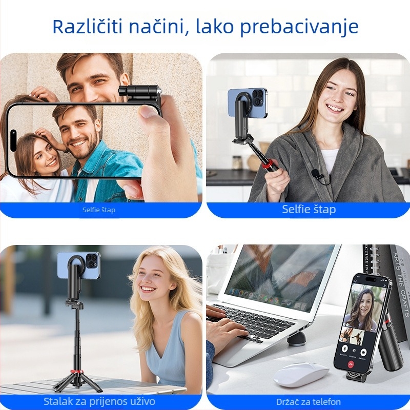 Magnetski selfie štapić s Bluetooth daljinskim upravljanjem, aluminijski stativ, promjenjiva oštrina fokusa, za mobilno livestreamanje