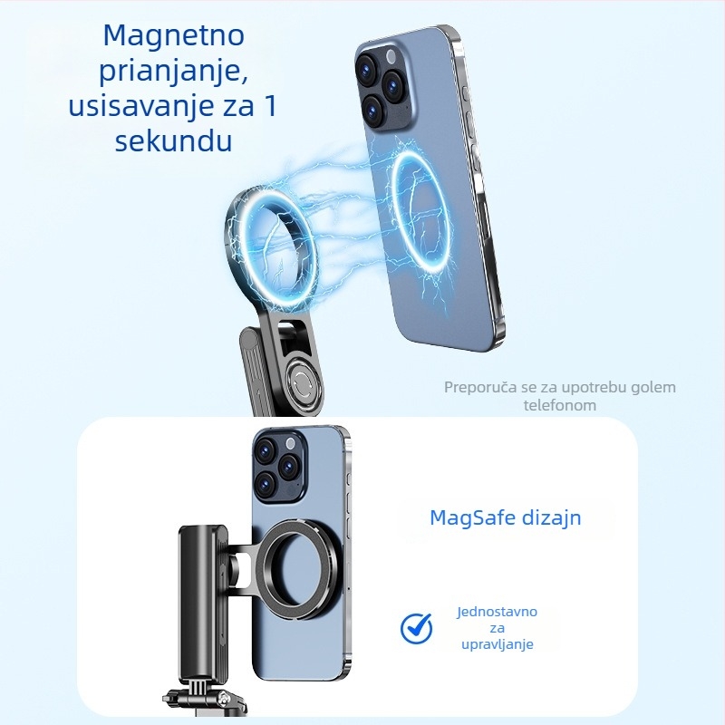 Magnetski selfie štapić s Bluetooth daljinskim upravljanjem, aluminijski stativ, promjenjiva oštrina fokusa, za mobilno livestreamanje
