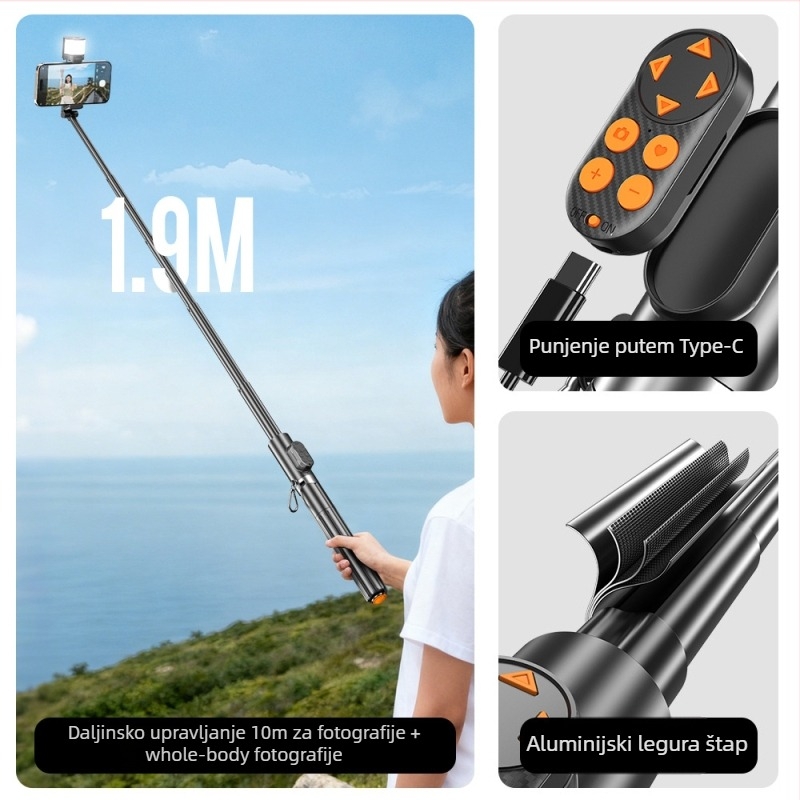 Selfie štapić tripod – aluminijska legura, Bluetooth, daljinski upravljač, rasvjeta, univerzalno