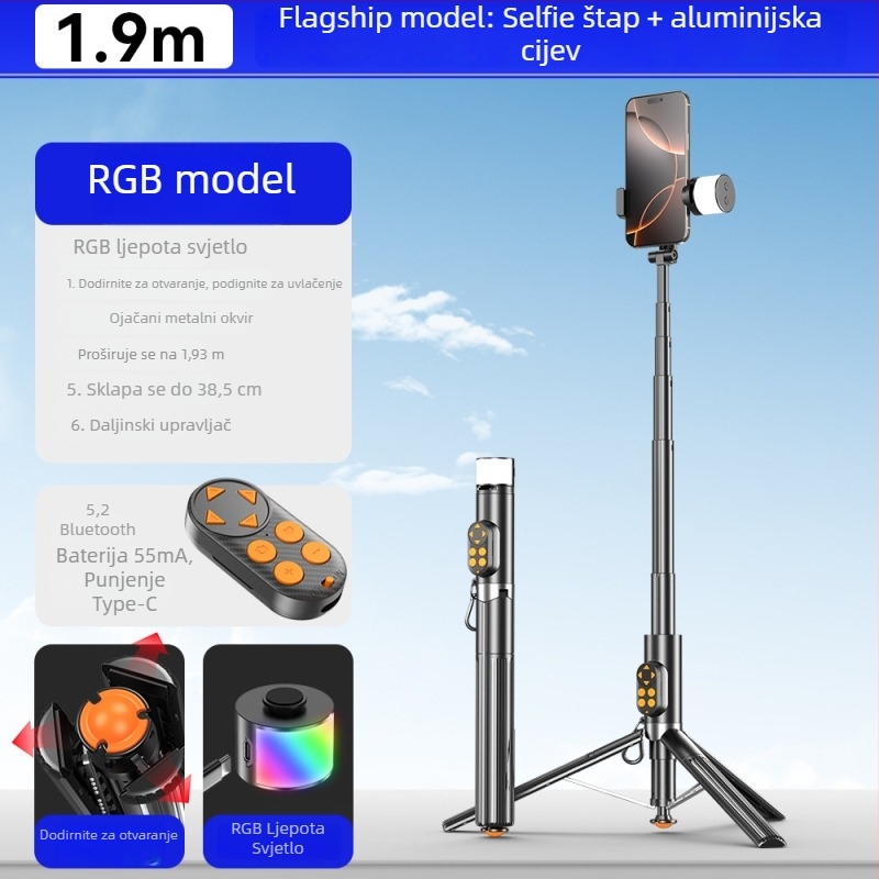 Selfie štapić tripod – aluminijska legura, Bluetooth, daljinski upravljač, rasvjeta, univerzalno