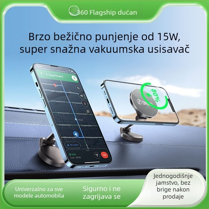 360 Auto magnetski bežični punjač s 15W brzim punjenjem i sklopivom drškom za ploču