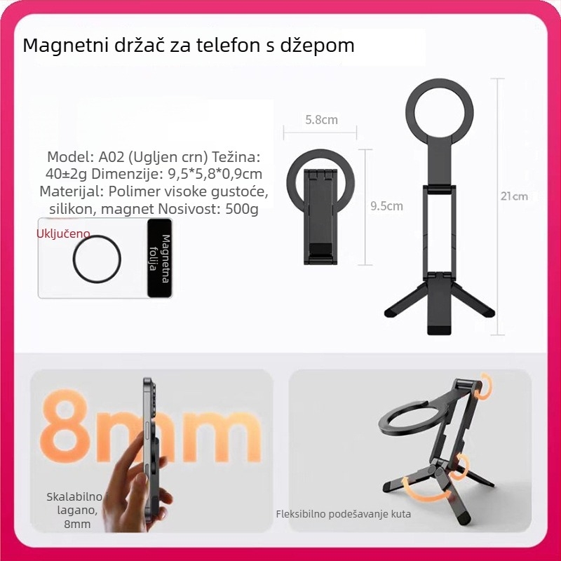 Prijenosni magnetni držač za telefon s džepnim dizajnom, sklopiva baza, stabilizacija snimke, za stolne i selfie