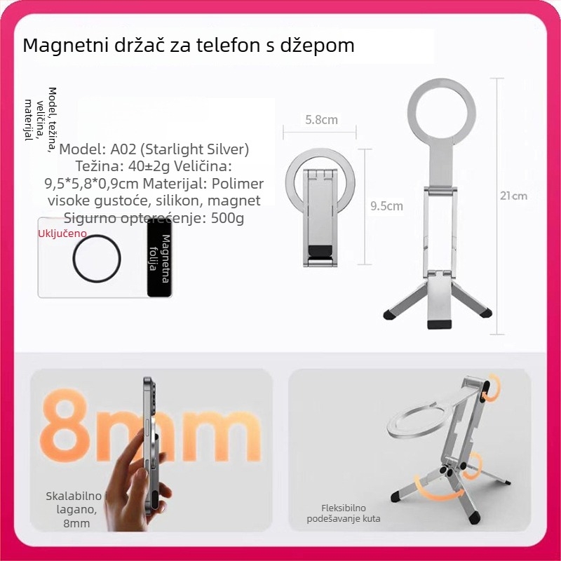 Prijenosni magnetni držač za telefon s džepnim dizajnom, sklopiva baza, stabilizacija snimke, za stolne i selfie