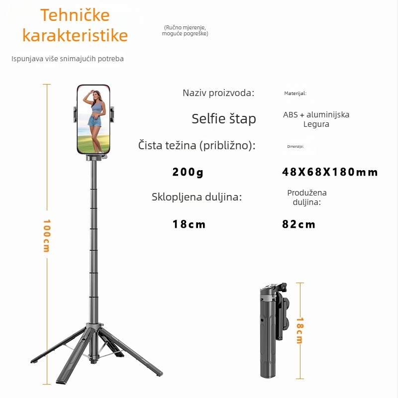 Selfie štap tripod – mini, proširivi četveronožni stalak, Bluetooth daljinski upravljač, legura JC-31