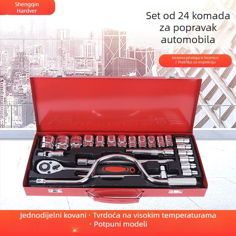 24-djelni set alata za auto popravke od krom-vanadijske čelika, marke Saint qin; kutija alata; pogodna za kućno održavanje, popravke automobila, motocikla i bicikla; namijenjeno mehaničkim popravcima.