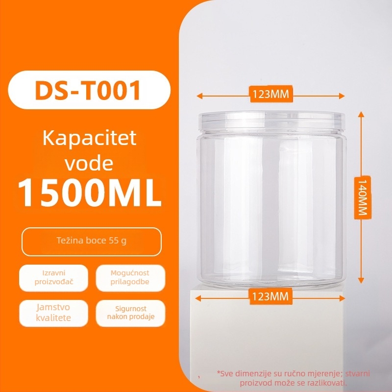 PET plastična staklenka s širokim otvorom, serija navojnog poklopca, kapacitet 1500/2000/2300 ml, PP poklopac, pakiranje u vrećici