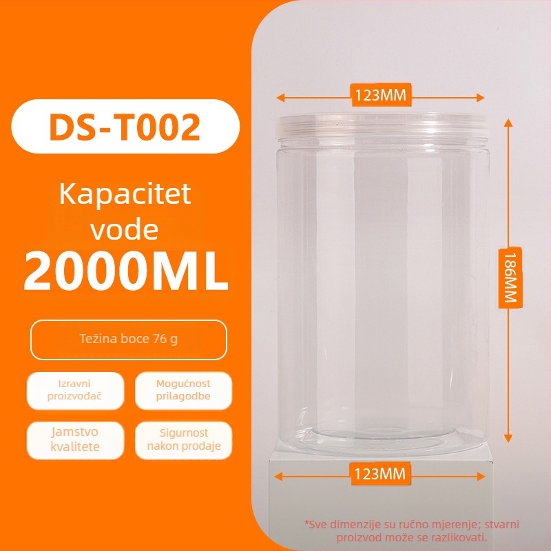 PET plastična staklenka s širokim otvorom, serija navojnog poklopca, kapacitet 1500/2000/2300 ml, PP poklopac, pakiranje u vrećici