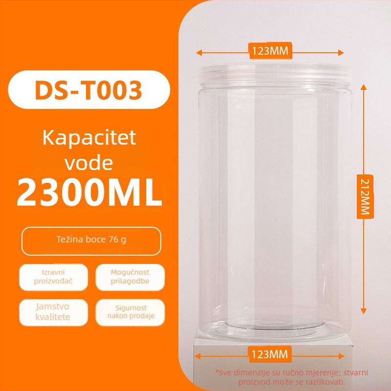 PET plastična staklenka s širokim otvorom, serija navojnog poklopca, kapacitet 1500/2000/2300 ml, PP poklopac, pakiranje u vrećici