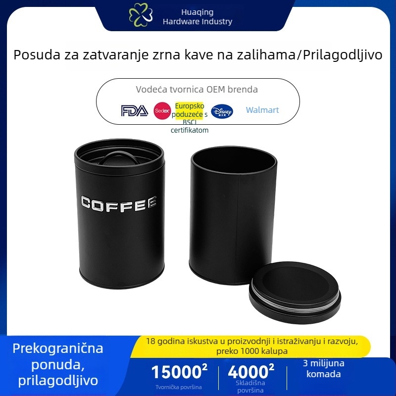 Metalni cilindrični spremnik za zrna kave, prehrambene kvalitete, otporan na vlagu, hermetički zatvarač, kapacitet 800–1000 ml