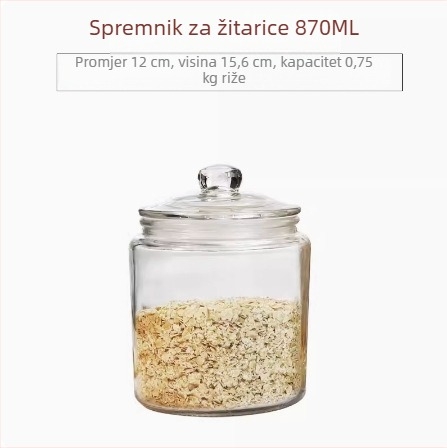 Staklena posuda za skladištenje žitarica i suhog voća, kružnog oblika s hermetičnim poklopcem