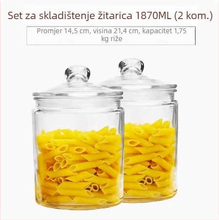 Staklena posuda za skladištenje žitarica i suhog voća, kružnog oblika s hermetičnim poklopcem