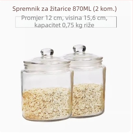 Staklena posuda za skladištenje žitarica i suhog voća, kružnog oblika s hermetičnim poklopcem