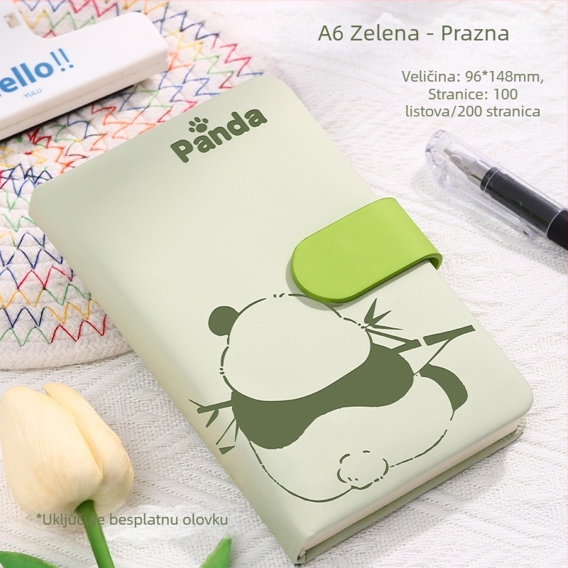 Bilježnica s pandinim kopčom, karikaturnim omotom, šivano povezivanje, umjetna koža, Dowling papir, 80 g/m², 100–200 stranica