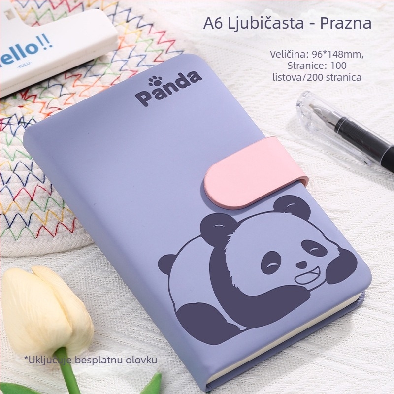 Bilježnica s pandinim kopčom, karikaturnim omotom, šivano povezivanje, umjetna koža, Dowling papir, 80 g/m², 100–200 stranica