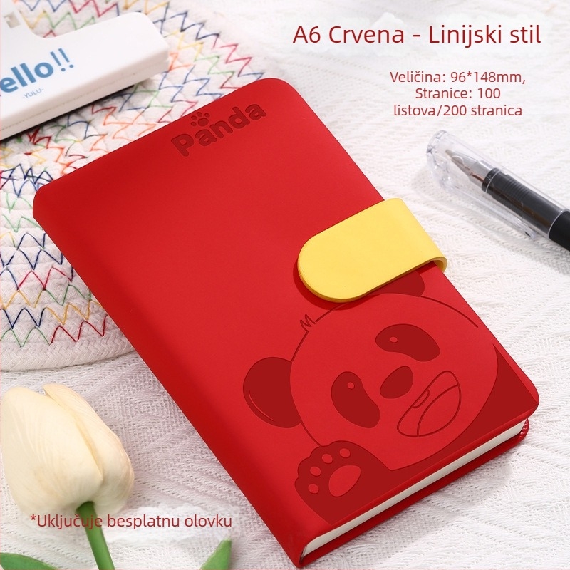 Bilježnica s pandinim kopčom, karikaturnim omotom, šivano povezivanje, umjetna koža, Dowling papir, 80 g/m², 100–200 stranica