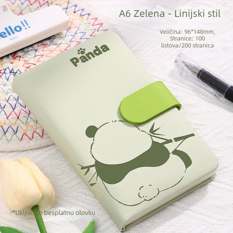 Bilježnica s pandinim kopčom, karikaturnim omotom, šivano povezivanje, umjetna koža, Dowling papir, 80 g/m², 100–200 stranica
