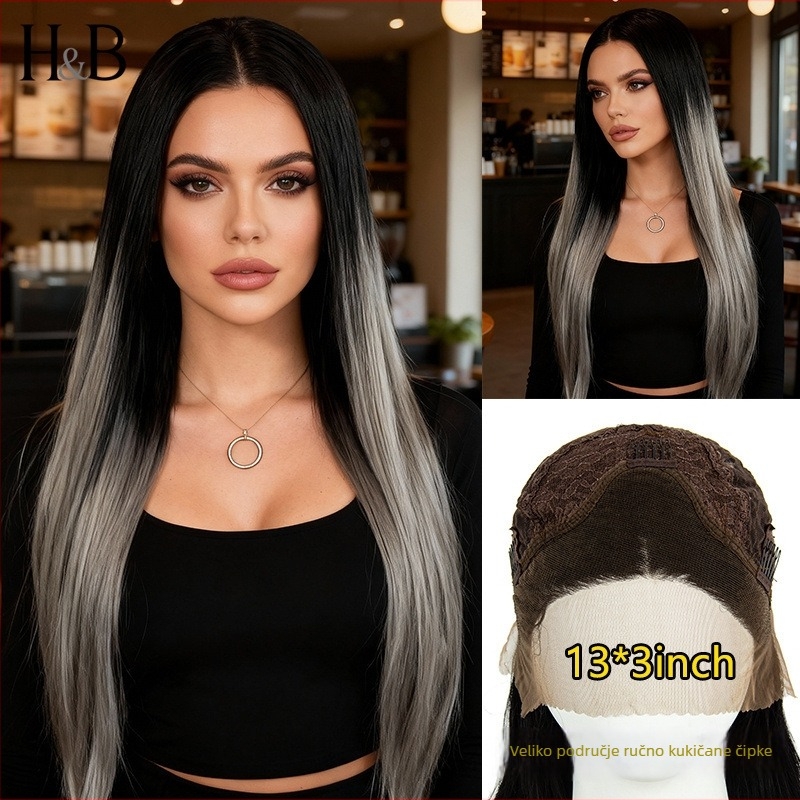 Paruka Lace Front 13x3, dugi ravni pramenovi s srednjom podjelom i kosim fringeom, vlakna otporna na toplinu, model xwy-0291