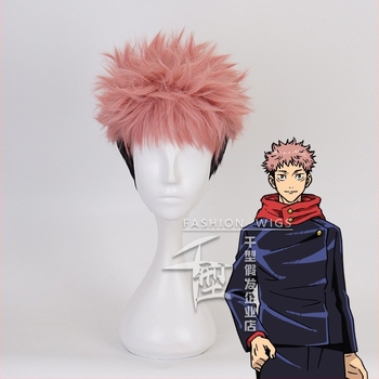 Cosplay perika Jujutsu Kaisen Yuji Itadori, ružičasto-narančasta boja, s obrnuto kovrčavim stilom