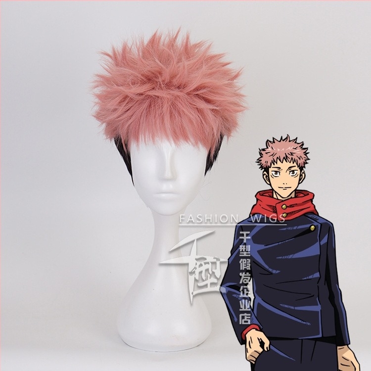 Cosplay perika Jujutsu Kaisen Yuji Itadori, ružičasto-narančasta boja, s obrnuto kovrčavim stilom