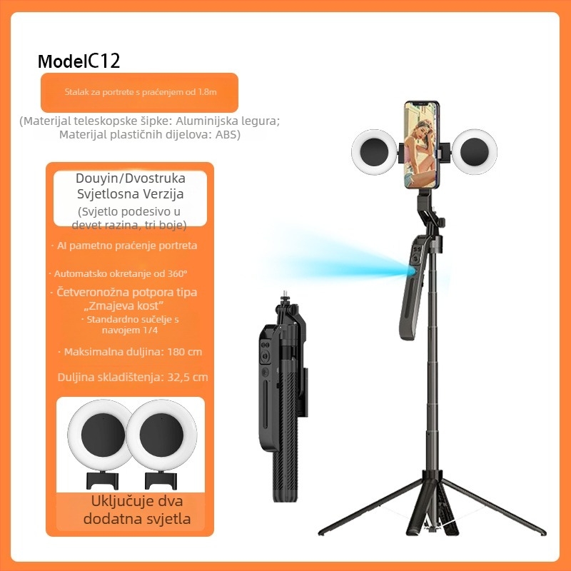 C12 Gimbal za telefon sa selfie štapićem, 1,8 m četveronožni stativ za livestream s praćenjem
