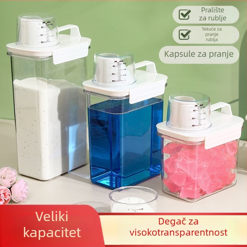 Kvadratni plastični spremnik za deterdžent za pranje rublja sa zatvorenim poklopcem i integriranom mernom čašom, kapacitet 3.1–4 L, vodootporan i otporan na vlagu.