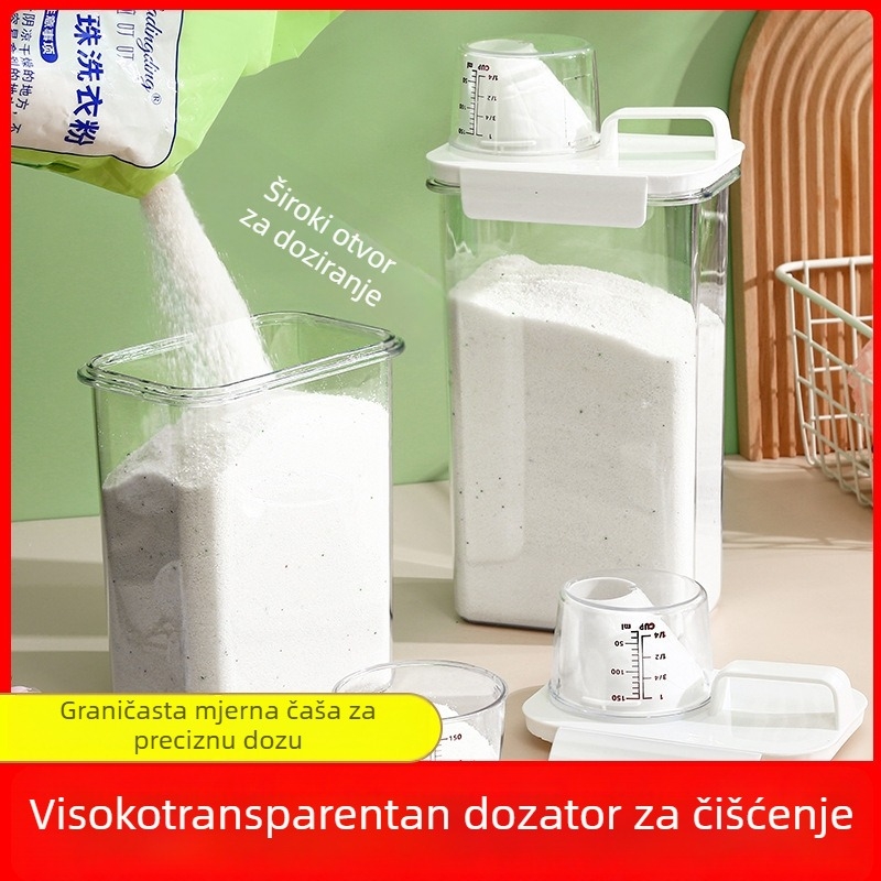 Kvadratni plastični spremnik za deterdžent za pranje rublja sa zatvorenim poklopcem i integriranom mernom čašom, kapacitet 3.1–4 L, vodootporan i otporan na vlagu.
