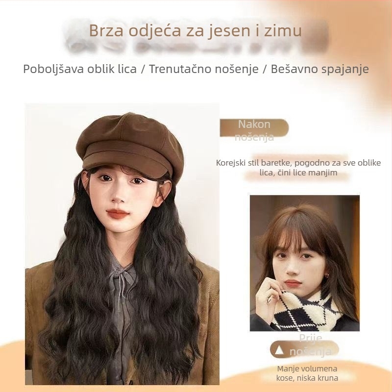 Sve-u-jednom šešir-parika: beret s kovrčama u vodnom valu, kosa koja oponaša ljudsku kosu, puna paruka za cijelu glavu za žene, jesen-zima 2025