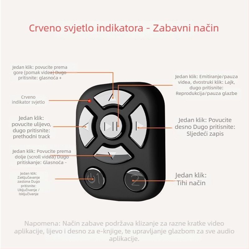 Prsten Bluetooth daljinski za selfie i video, model J6PRO, ABS kućište, baterija 40mAh, bežični domet 10 m, Micro sučelje