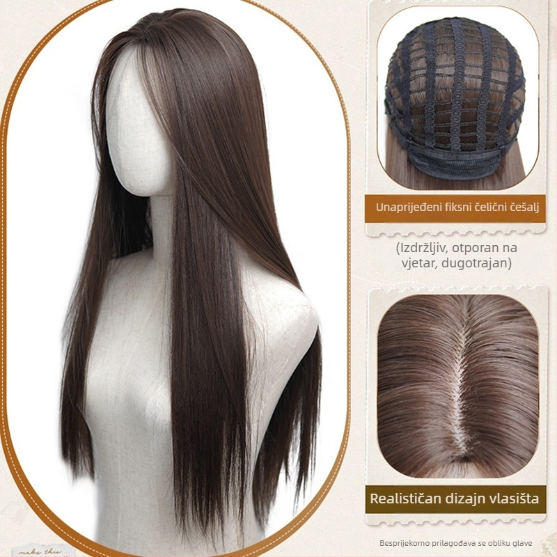 Perika za žene - prirodan stil, kosa od visoko temperaturne svile, polu-mehanička obrada, kosa s srednjom razdjeljkom i ravna, oblikovanje lica