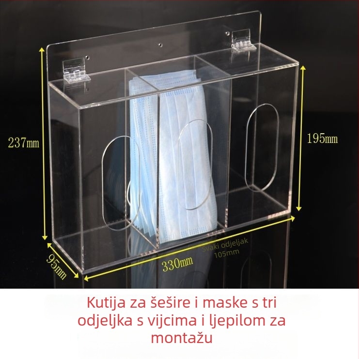 Akrilni zidni organizator za maske i dodatke, podijeljeni pretinci, otporan na prašinu, bez sastavljanja, kapacitet 18 L