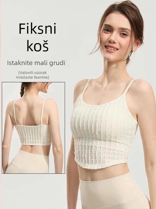 Sportska grudnjaka od najlona koji odvodi vlagu; podstava 80% najlon, 20% spandex; mreža 96% poliester, 6% spandex; pogodan za trčanje, fitness i jogu.