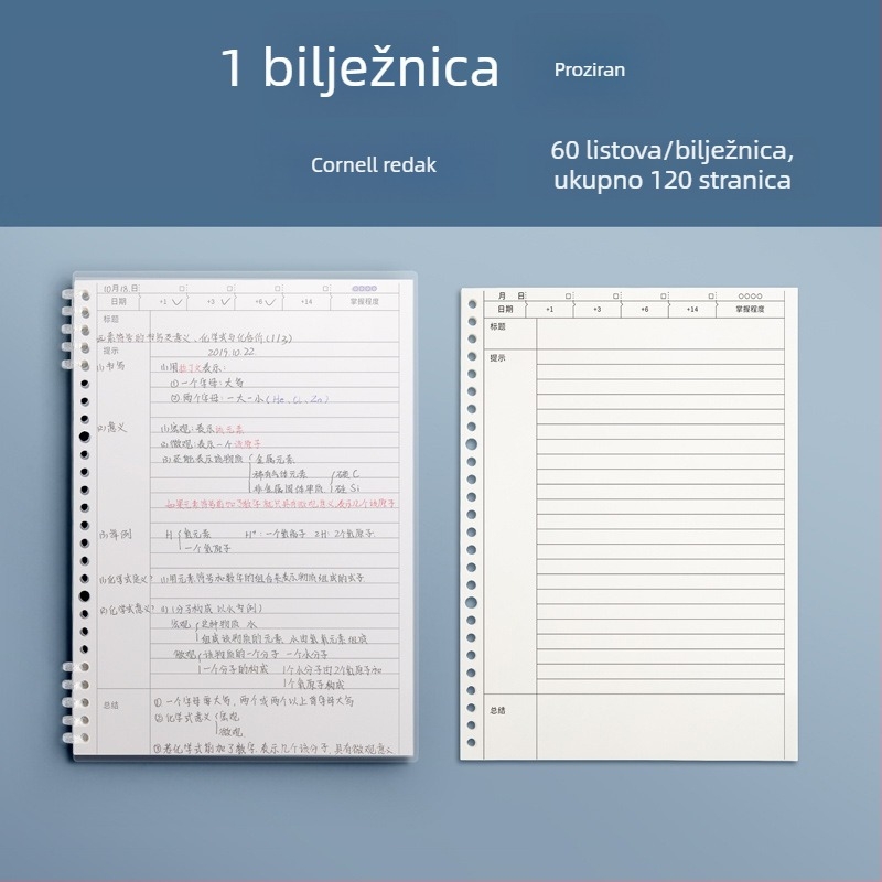 Cornell bilježnica A5, B5 i A4, 60 stranica, 80 g/m² dvostrani offset papir, PP kućište, vezanje binder, horizontalne linije Cornell i kvadratna mreža, retro stil