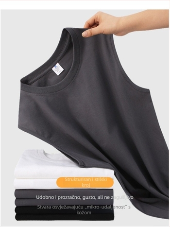 Muški bezruk T-shirt vest – mliječna svila, poliester 91–95%, crtani print, hip-hop stil, ljeto