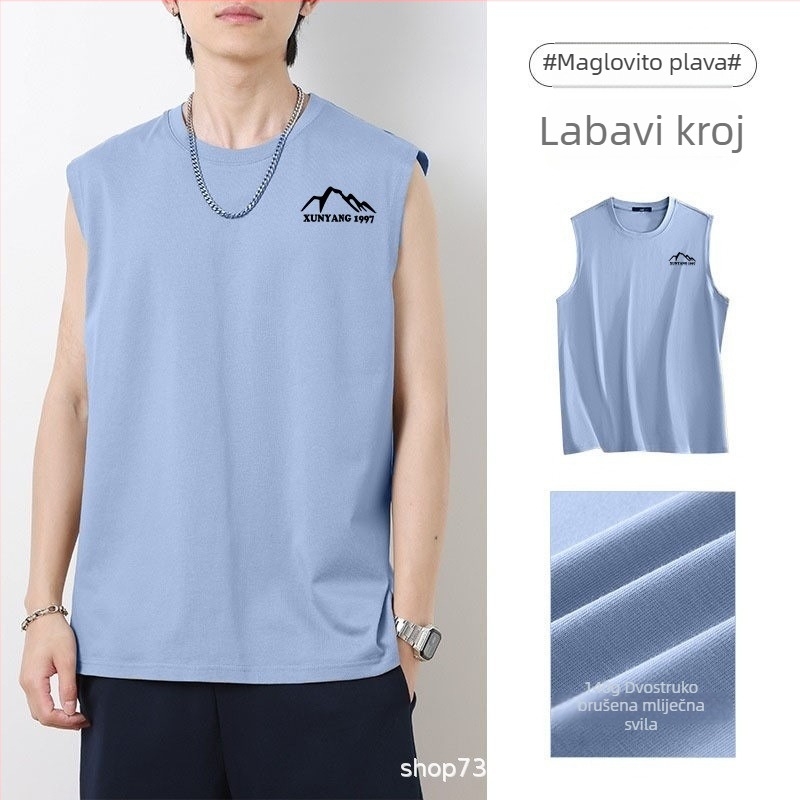 Muški bezruk T-shirt vest – mliječna svila, poliester 91–95%, crtani print, hip-hop stil, ljeto