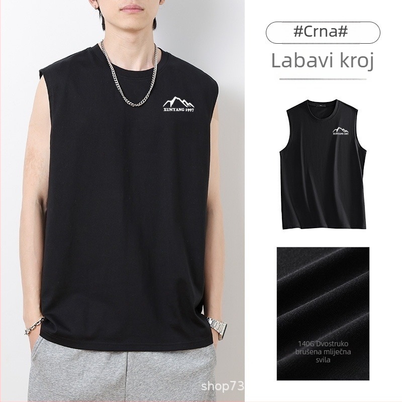 Muški bezruk T-shirt vest – mliječna svila, poliester 91–95%, crtani print, hip-hop stil, ljeto